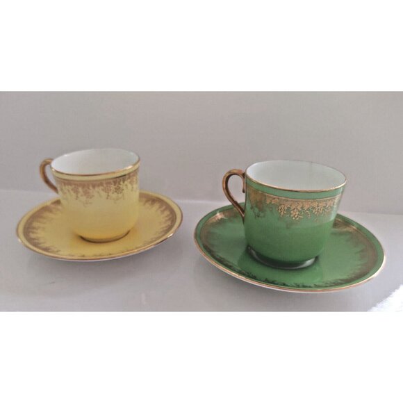 Vintage Coalport Bone China Demitasse Cups & Saucers Sets One Green/One Yellow - Picture 7 of 16